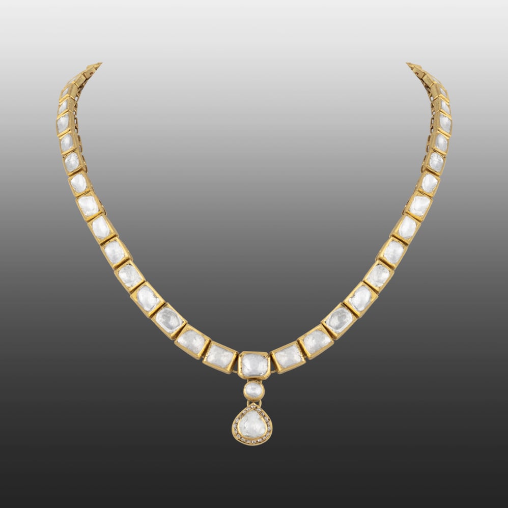 Square Polki Linear Necklace with Drop Pendant